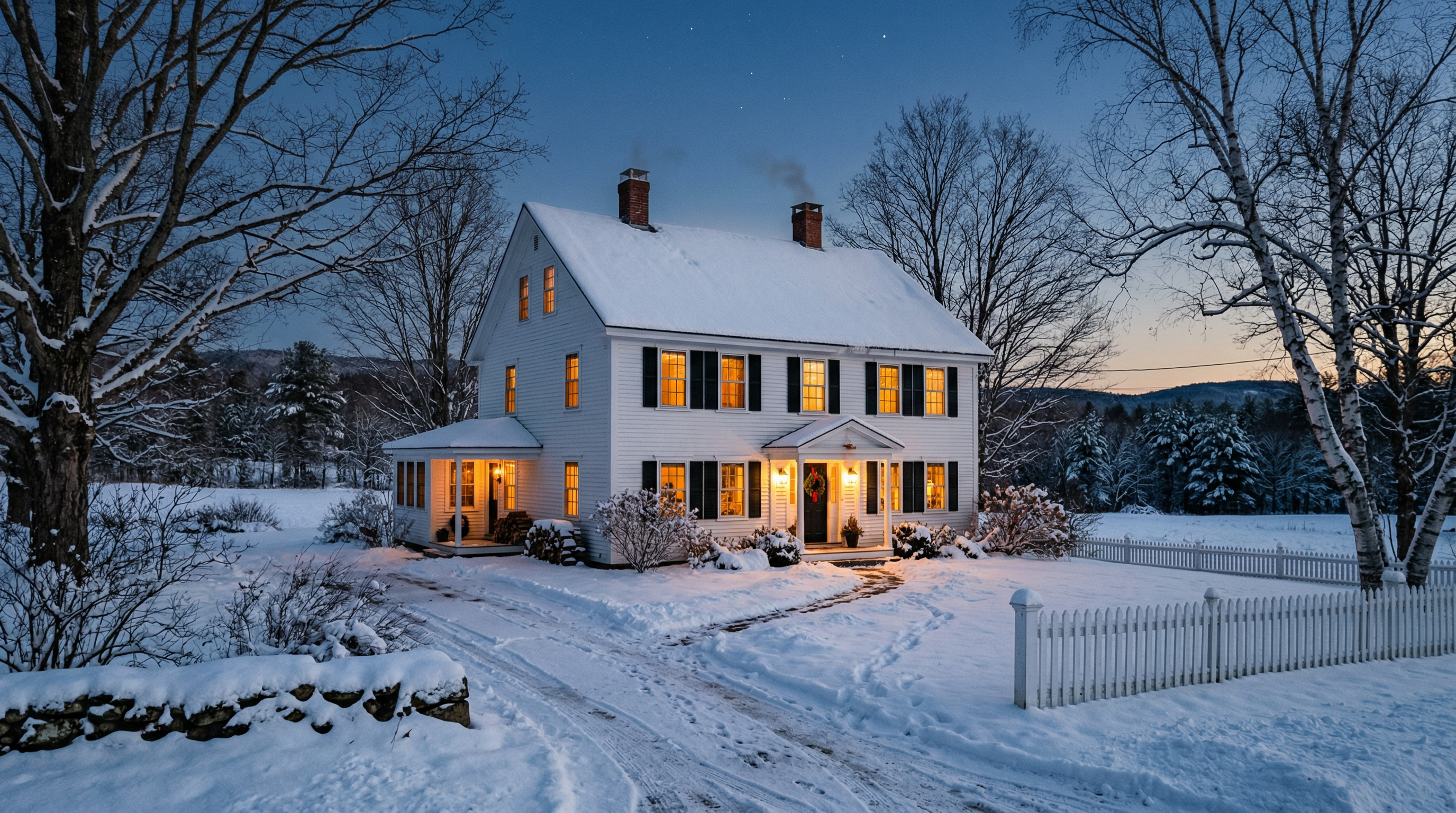 Warm New England home on a snowy winter evening in Maine